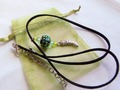 Handmade Silver Pickle Charm Green Beads & Rhinestone Leather Necklace