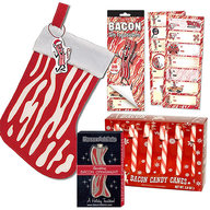 Bacon Christmas Holiday Sampler Gift Pack (4pc Set) - Bacon Stocking, Bacon Candy Canes, Bacon Gift Tag Stickers & Bacon Ornament