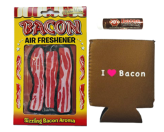 Bacon Triple Sampler Gift Pack (3pc Set) - Bacon Air Freshener, Bacon Lip Balm & I Love Bacon Koozie Can Cooler