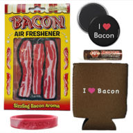 Bacon Bonanza Sampler Gift Pack (5pc Set) - Bacon Air Freshener, Bacon Lip Balm, I Love Bacon Magnet, I Heart Bacon Koozie & I Love Bacon Silicone Wristband 